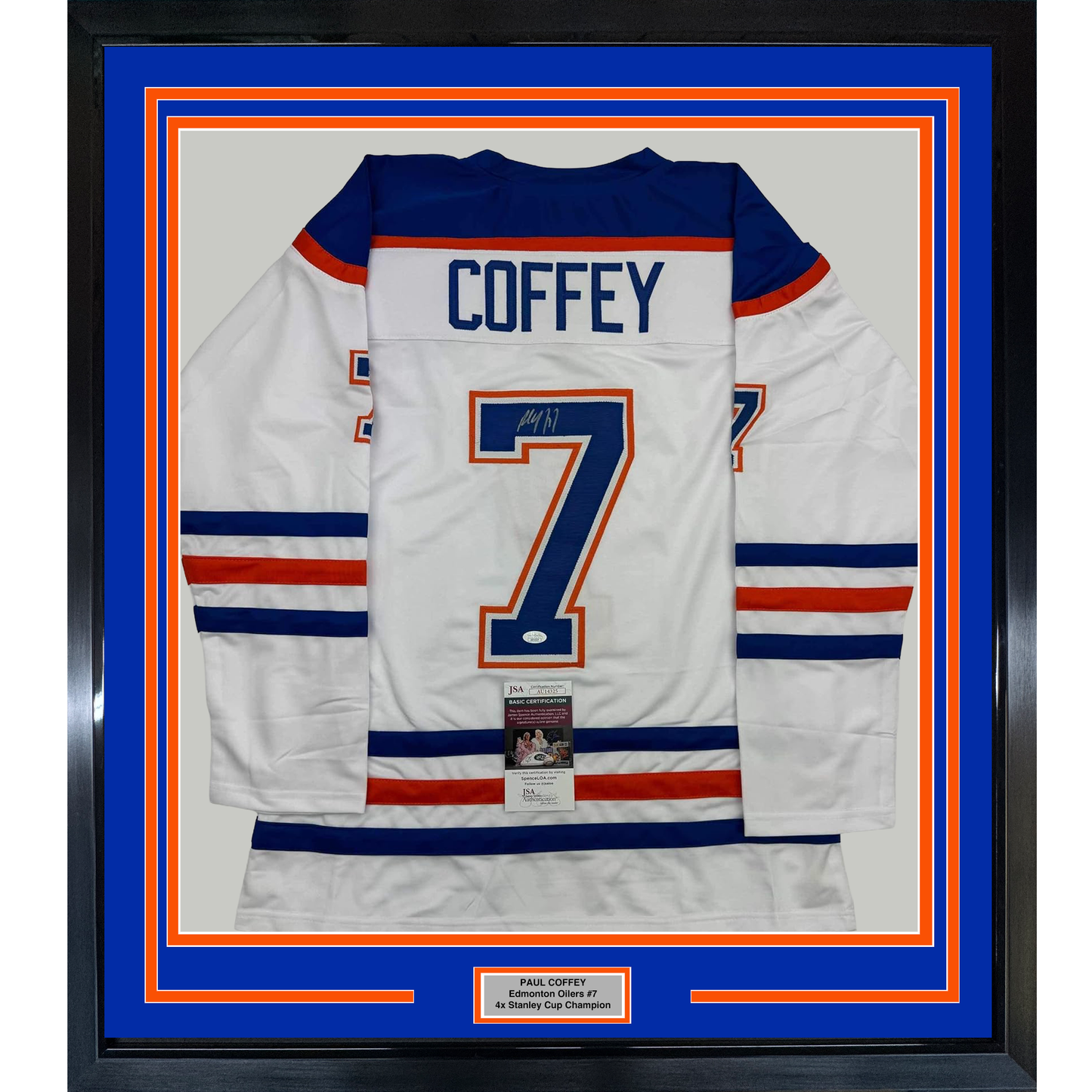 Framed Autographed/Signed Paul Coffey 35x39 Edmonton White Hockey Jersey JSA COA