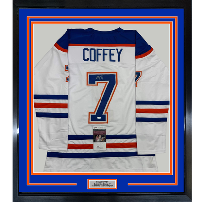 Framed Autographed/Signed Paul Coffey 35x39 Edmonton White Hockey Jersey JSA COA