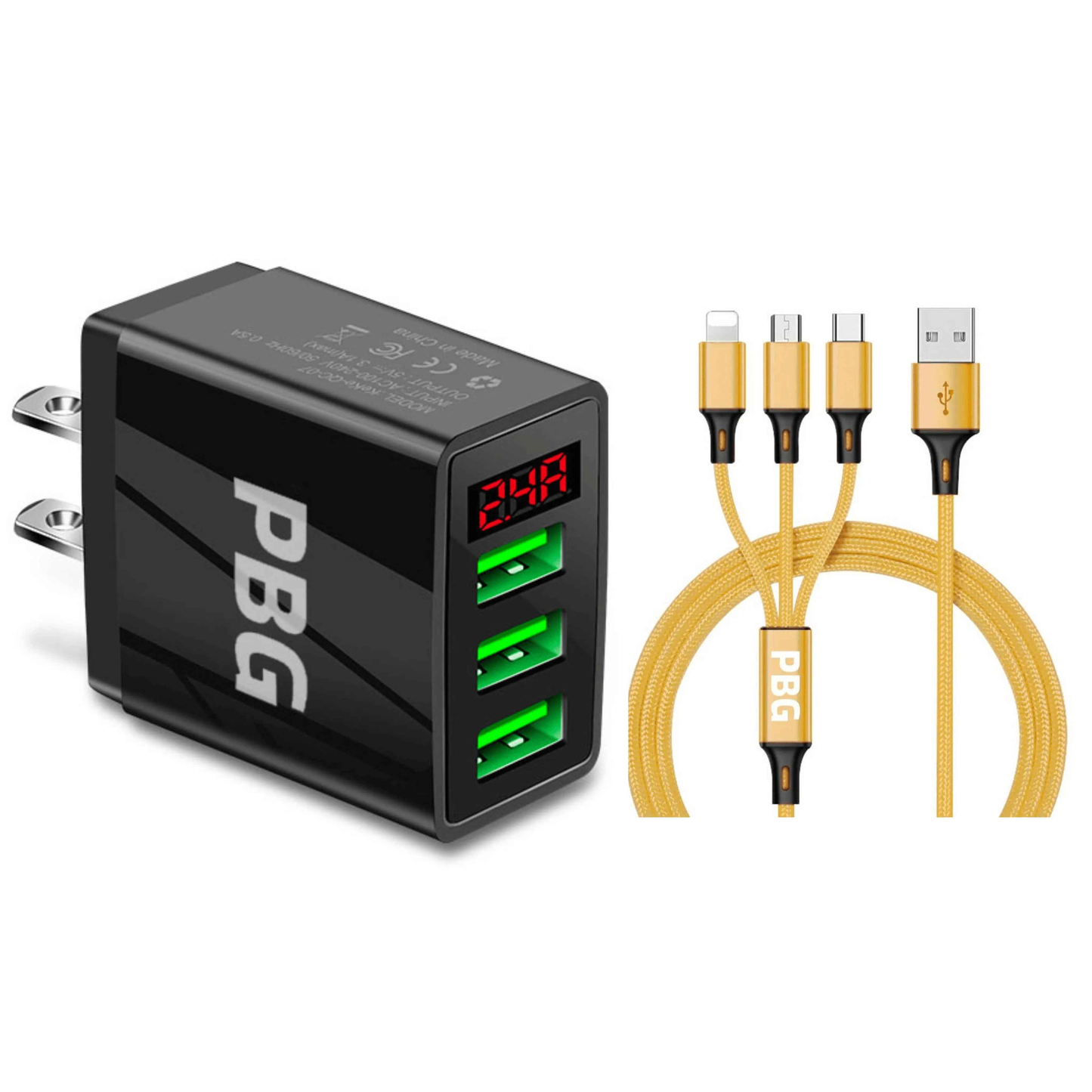 PBG 3 port LED Display Wall Charger  and 3 in 1 Cable Bundle