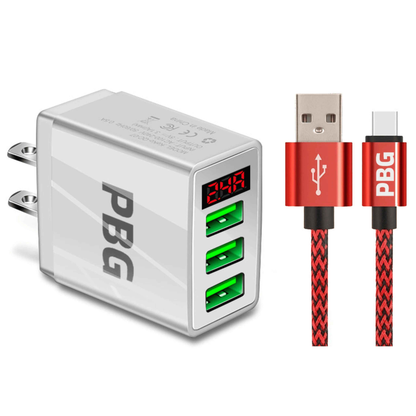 PBG 3 port LED Display Wall Charger and XL10FT Charger Compatible for Iphone Cable Bundle