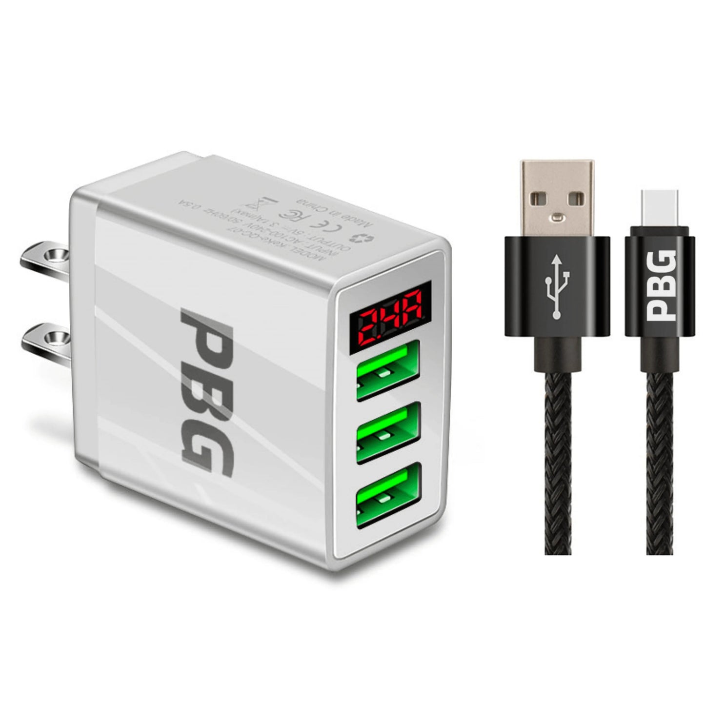 PBG 3 port LED Display Wall Charger and XL10FT Charger Compatible for Iphone Cable Bundle