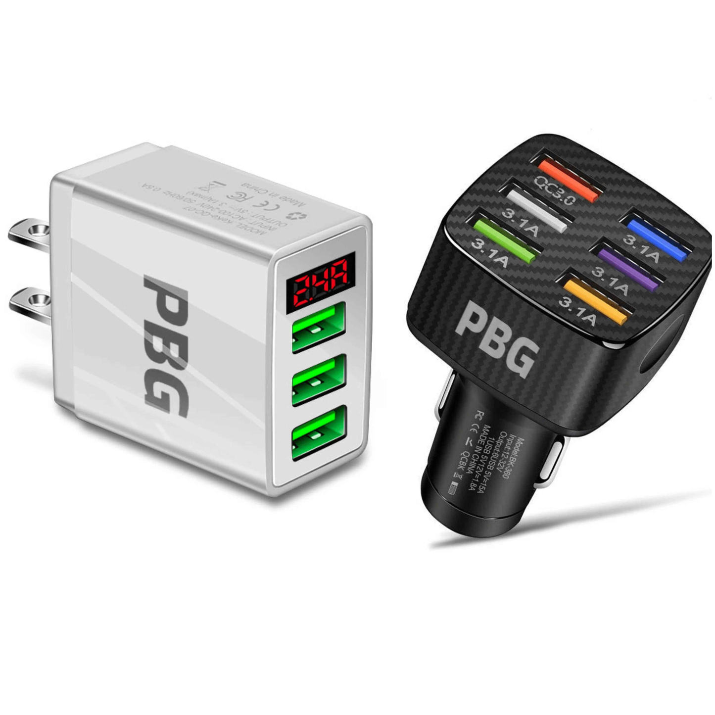 PBG 3 Port LED Voltage Wall Charger and 6 Port Car Charger