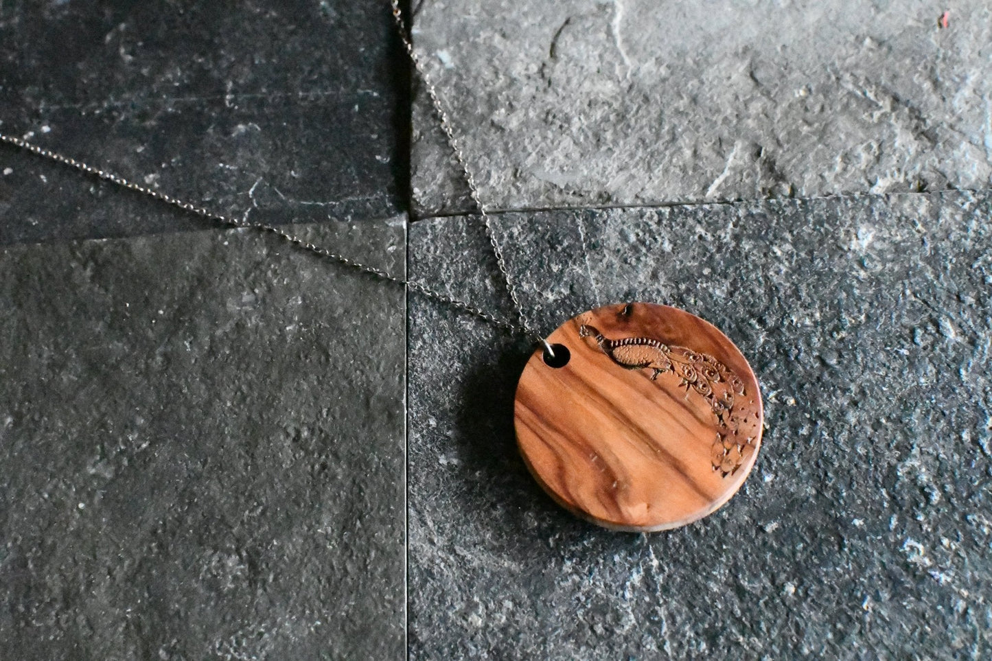 Peacock Pendant – Exotic Wood, 1.5″ Medallion, 18″ Sterling