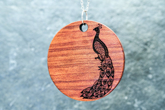 Peacock Pendant – Exotic Wood, 1.5″ Medallion, 18″ Sterling