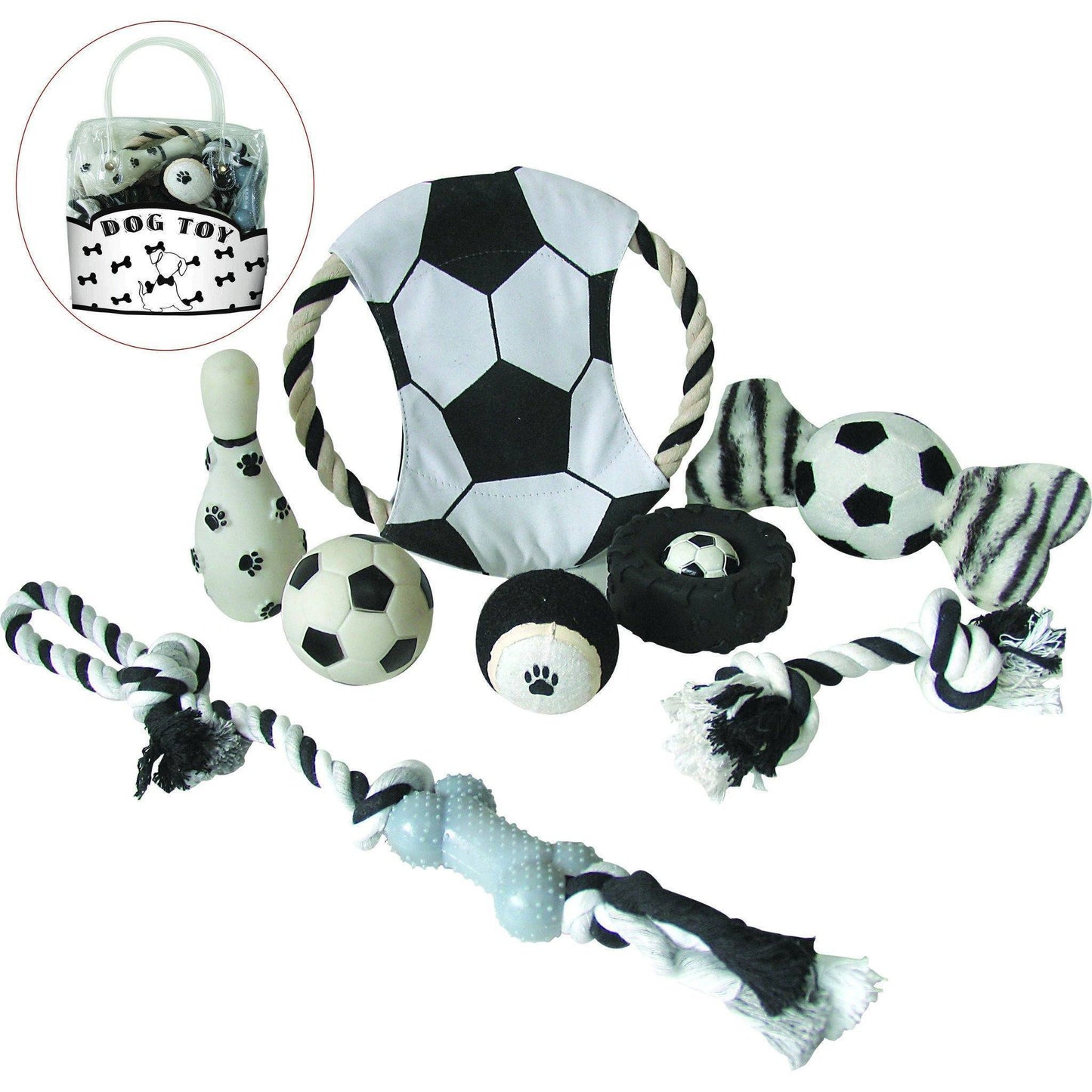 Pet Life ® 'Soccer Themed' 9 Piece Jute Rope and Rubberized Squeak Chew Pet Dog Toy Gift Set