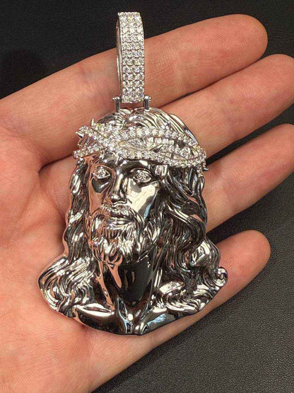 Moissanite Jesus Head Piece Pendant - Solid 925 Sterling Silver