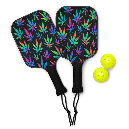 Neon Cannabis Leaves Pickleball paddle set