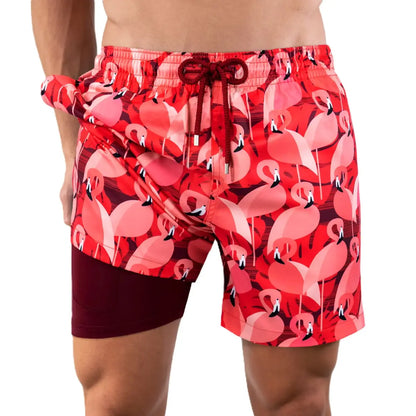 Pink Flamingo Hybrid Short, Compression Lined Swim and Resort Trunk