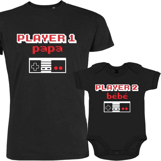Player 1 Papa and Player 2 Bebe Dad and Child Matching Outfit