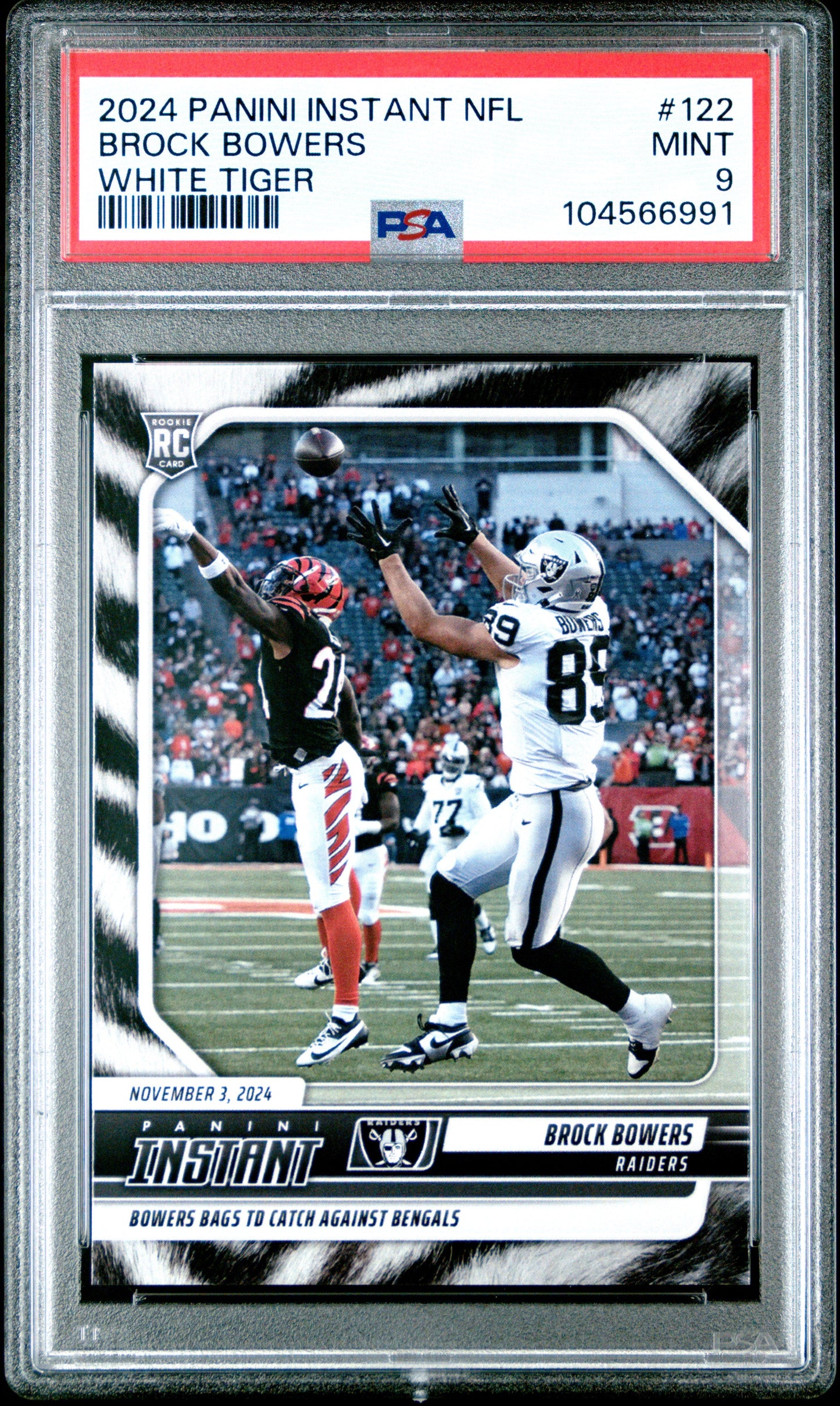 Graded 2024 Panini Instant NFL Brock Bowers #122 White Tiger /5 Rookie RC Football Card PSA 9 Mint