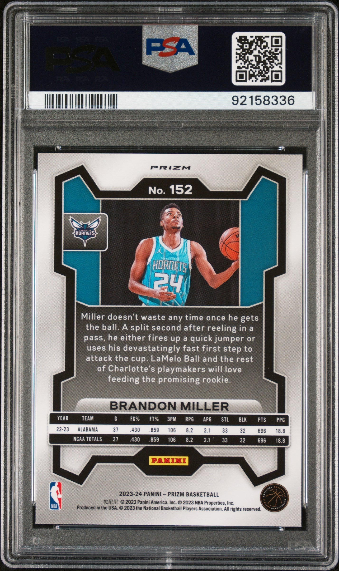 Graded 2023 Panini Prizm Brandon Miller #152 Pink Ice Rookie RC Basketball Card PSA 10 Gem Mint