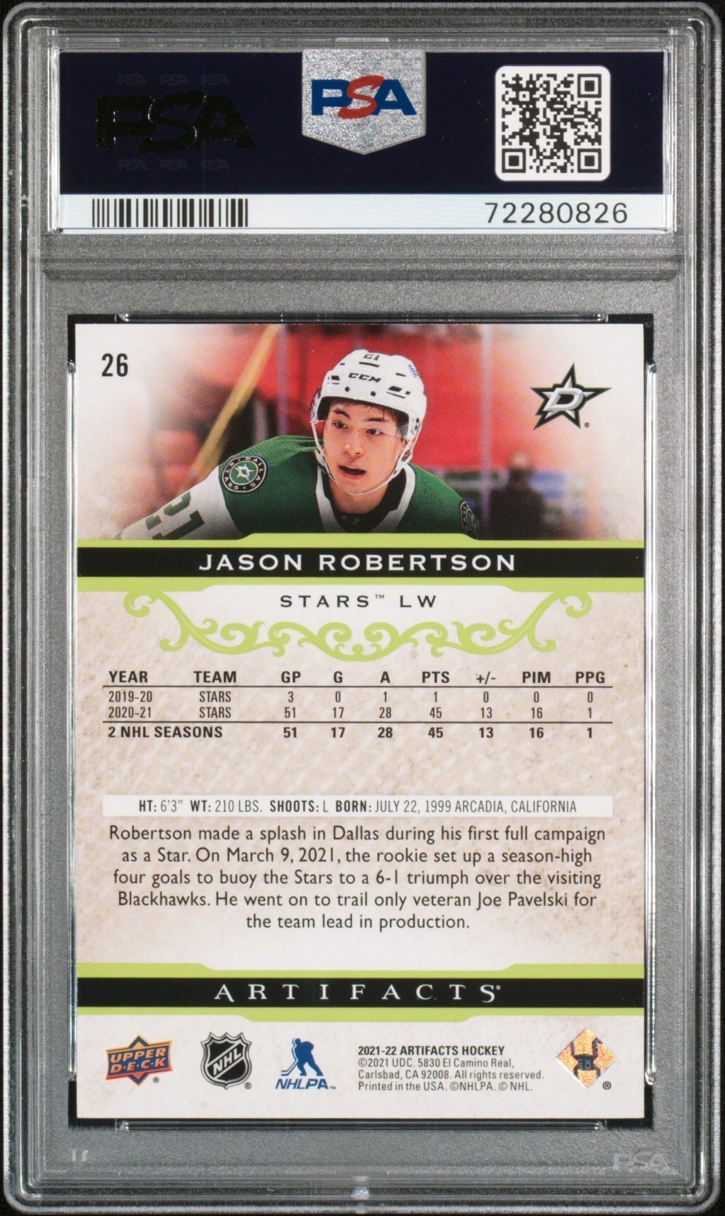 Graded 2021 UD Artifacts Jason Robertson #26 Neon Green Hockey Card PSA 10 Gem Mint