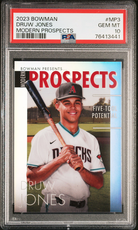 Graded 2023 Topps Bowman Druw Jones #MP3 Modern Prospects Rookie RC Baseball Card PSA 10 Gem Mint