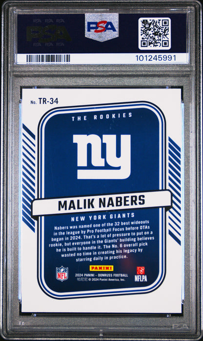 Graded 2024 Panini Donruss Malik Nabers #TR34 The Rookies Rookie RC Football Card PSA 10 Gem Mint