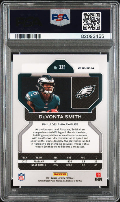 Graded 2021 Panini Prizm Devonta Smith #335 Neon Green Pulsar Rookie RC Football Card PSA 10