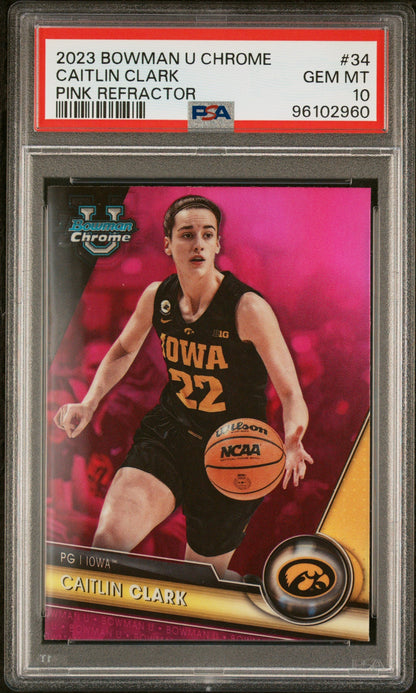 Graded 2023 Topps Bowman U Chrome Caitlin Clark #34 Pink Refractor Rookie RC Basketball Card PSA 10 Gem Mint