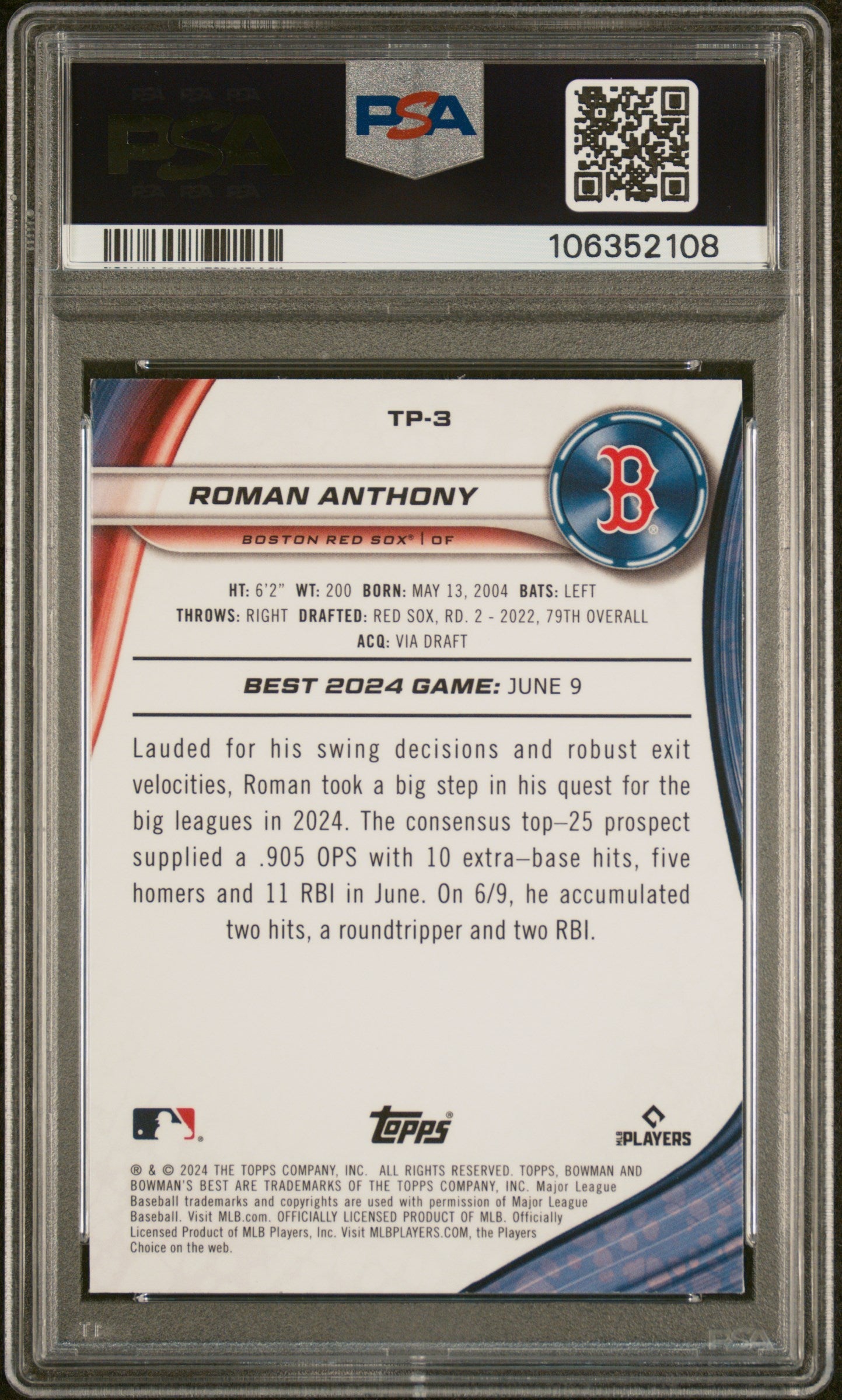 Graded 2024 Topps Bowmans Best Roman Anthony #TP3 Top Prospects Rookie RC Baseball Card PSA 10 Gem Mint