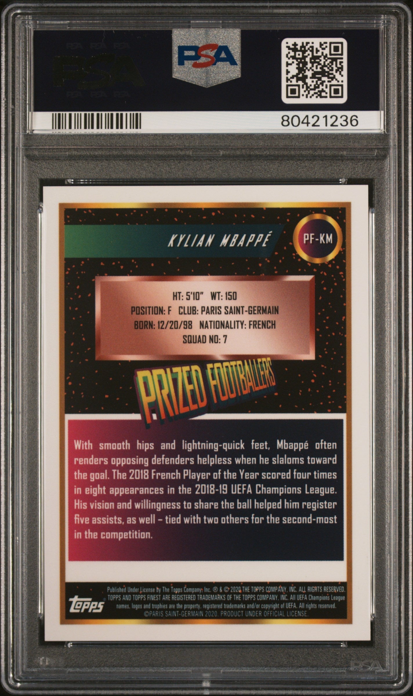 Graded 2019 Topps Finest UCL Kylian Mbappe #PFKM Prized Footballers Soccer Card PSA 10 Gem Mint