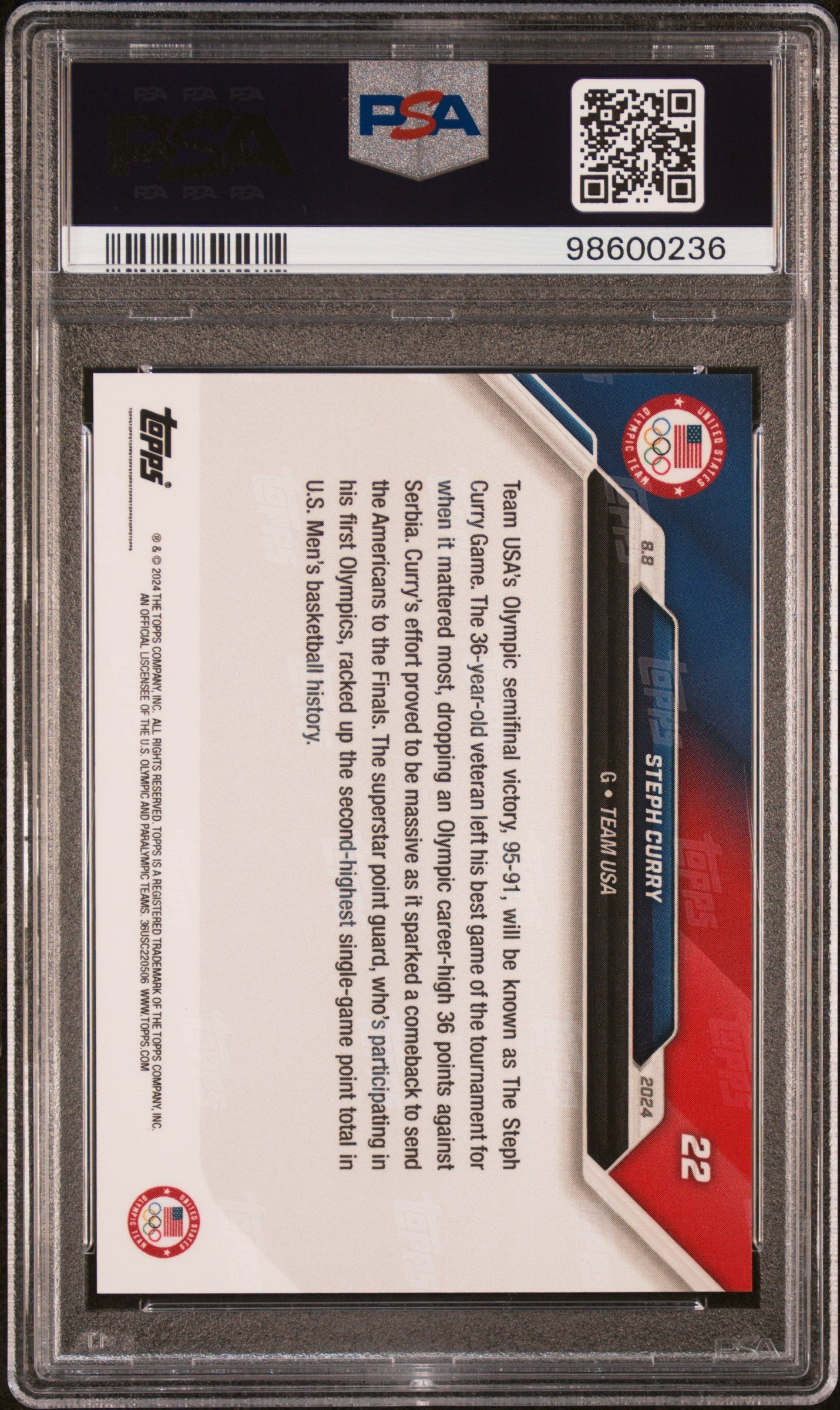 Graded 2024 Topps Now Olympics Steph Curry #22 Basketball Card PSA 10 Gem Mint