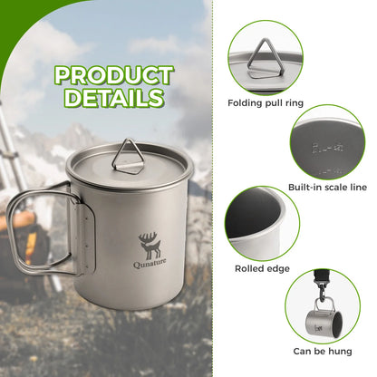Pure Titanium Folding Mug Lightweight Durable with Lid for Outdoor Camping