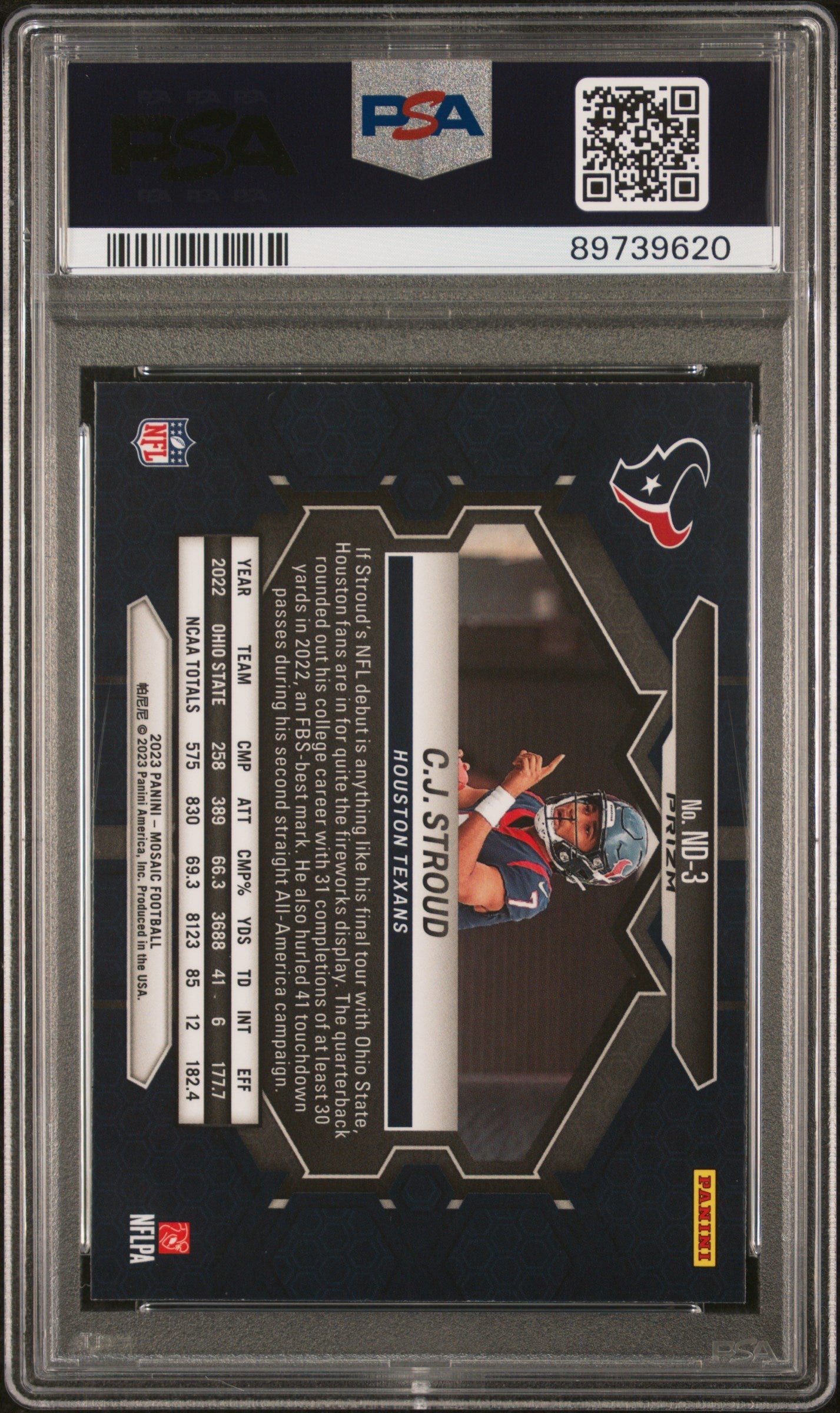 Graded 2023 Panini Mosaic CJ Stroud #ND3 NFL Debut Reactive Blue Rookie RC Football Card PSA 10 Gem Mint
