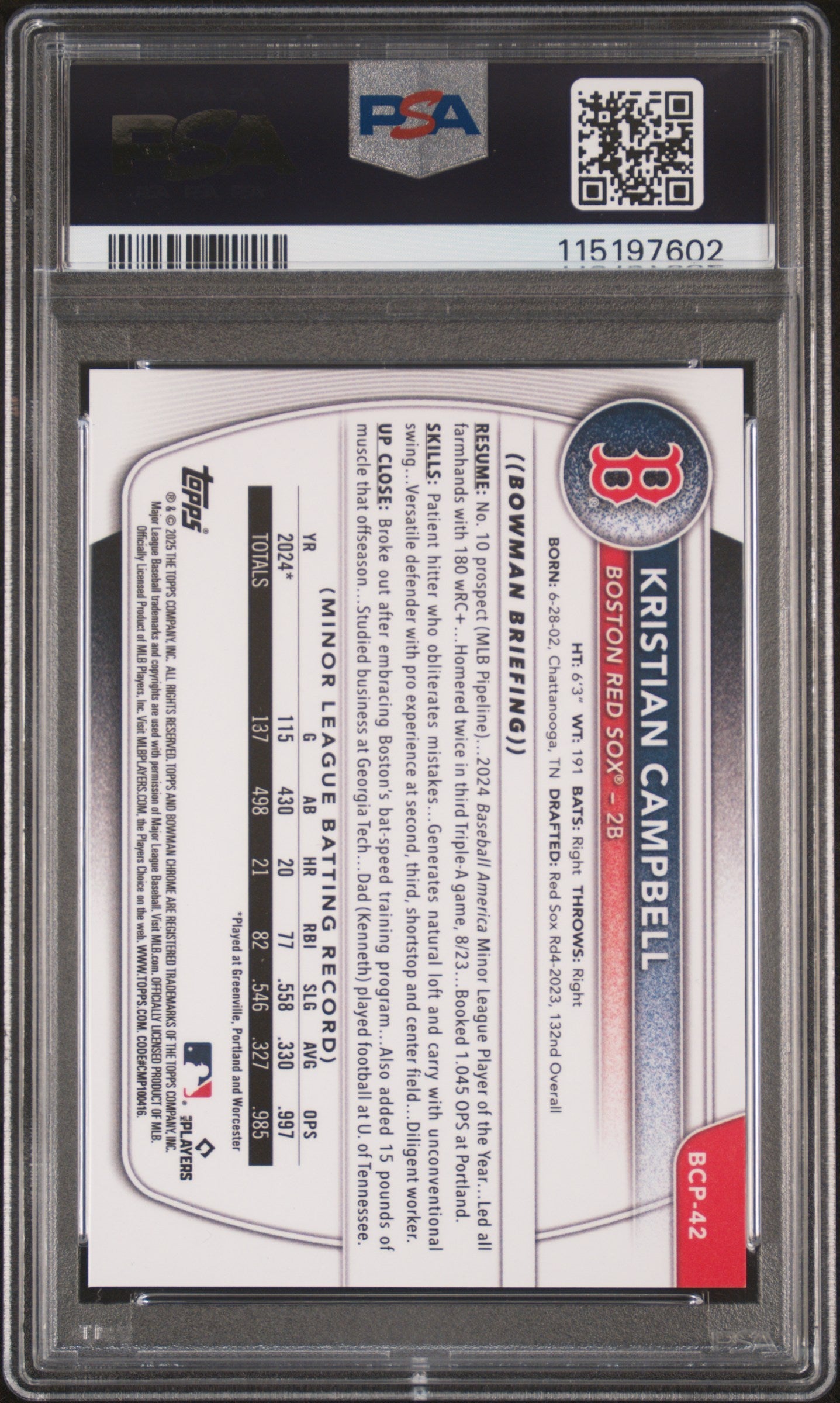 Graded 2025 Topps Bowman Kristian Campbell #BCP42 Chrome Prospects Gold Geometric /50 Rookie RC Baseball Card PSA 10 Gem Mint