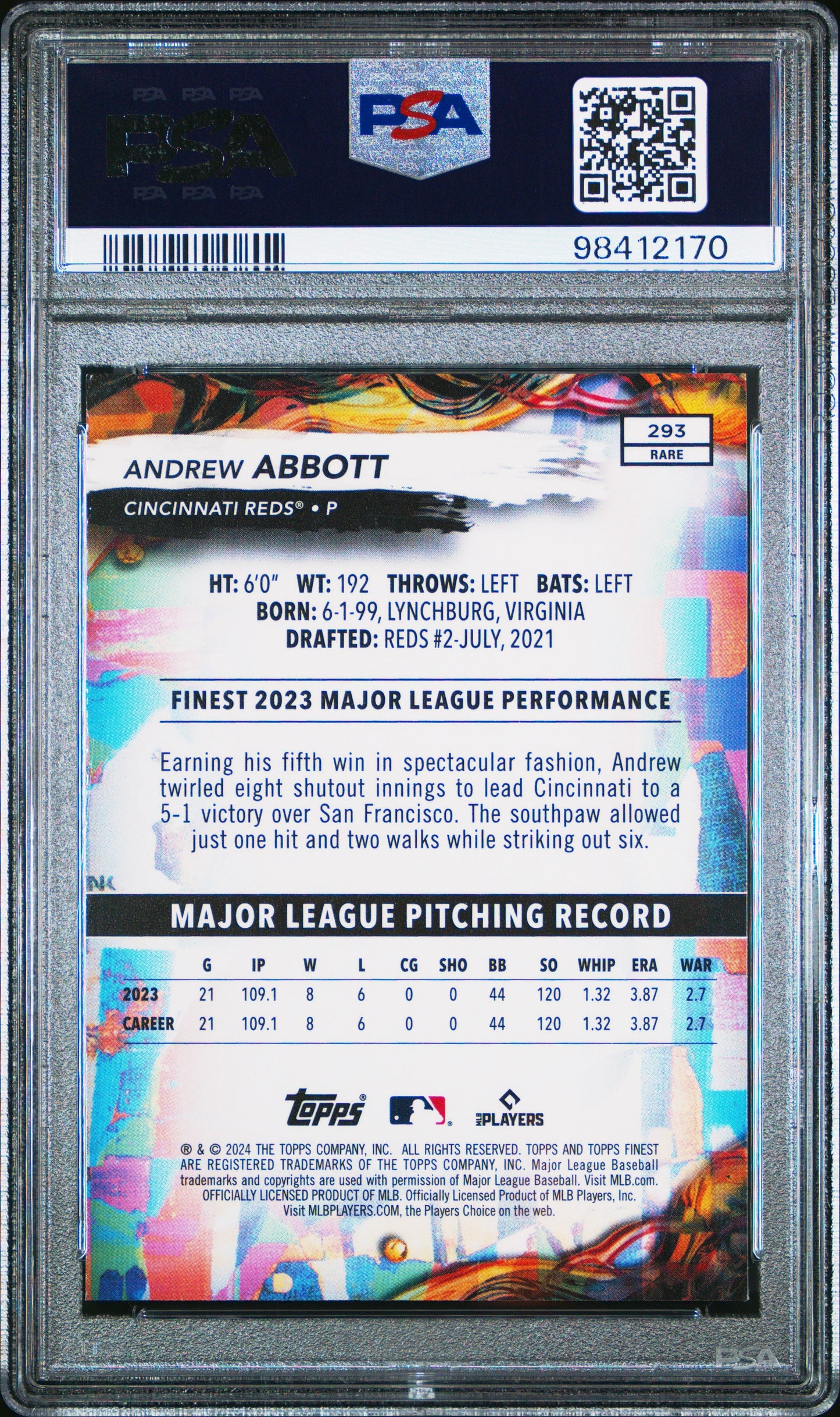 Graded 2024 Topps Finest Andrew Abbott #293 Rookie RC Baseball Card PSA 10 Gem Mint