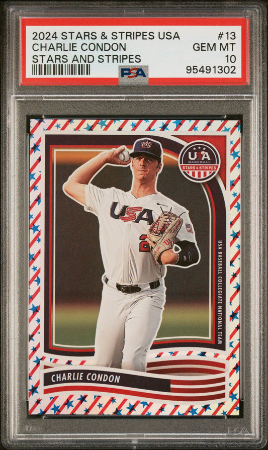 Graded 2024 Panini Stars & Stripes USA Charlie Condon #13 Stars & Stripes #/50 Rookie RC Baseball Card PSA 10 Gem Mint