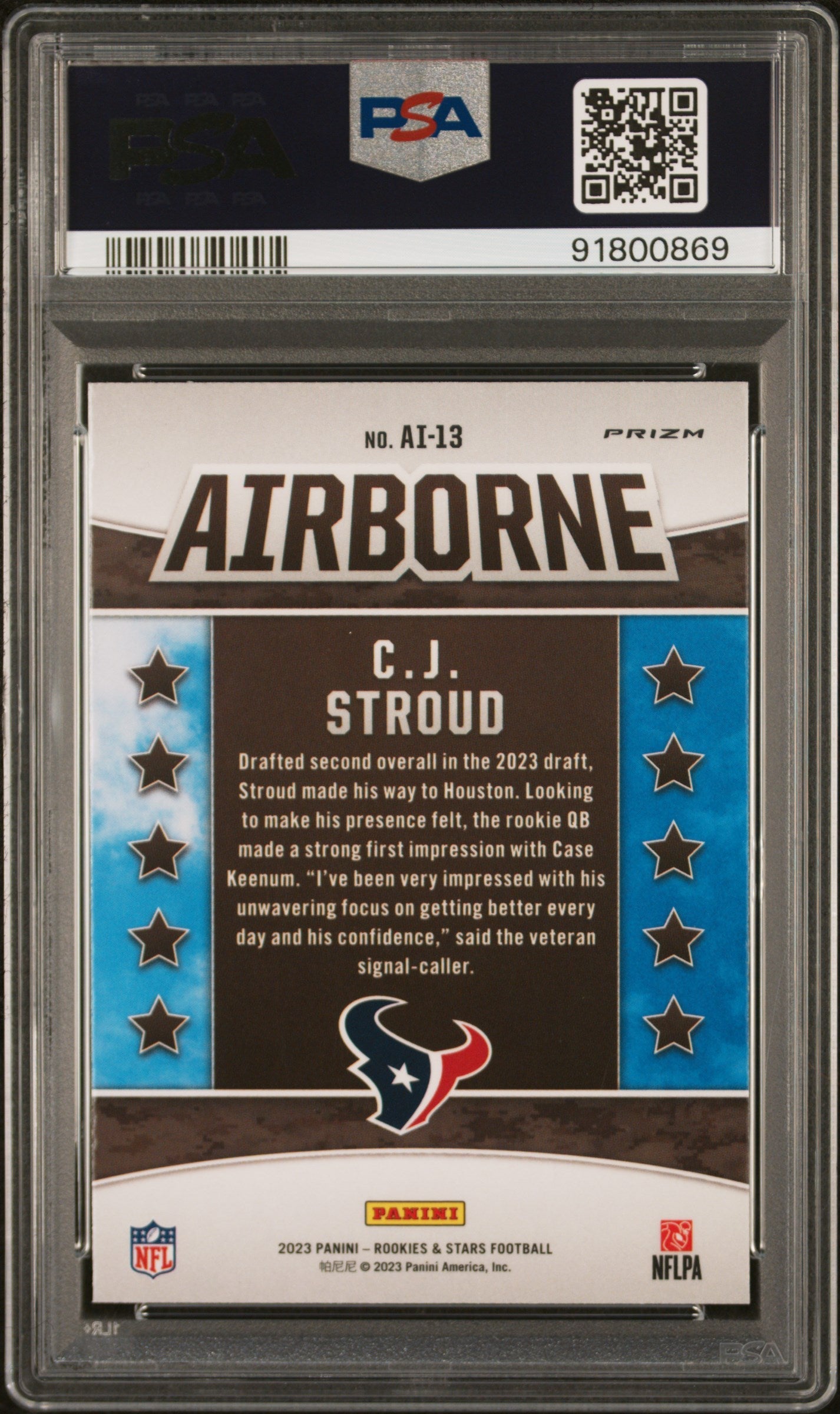 Graded 2023 Panini Rookies & Stars CJ Stroud #AI13 Airborne Silver Rookie RC Football Card PSA 10 Gem Mint
