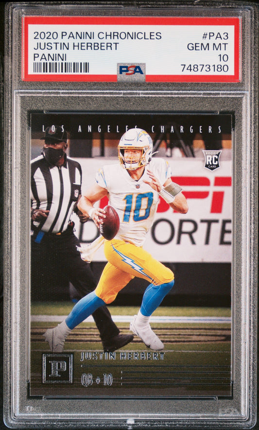 Graded 2020 Panini Chronicles Justin Herbert #PA3 Panini Rookie RC Football Card PSA 10 Gem Mint