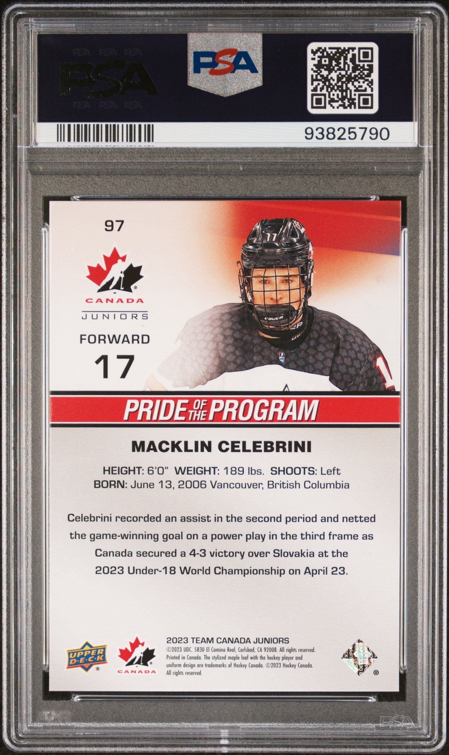 Graded 2023 Upper Deck Team Canada Juniors Macklin Celebrini #97 Red Foil Rookie RC Hockey Card PSA 10 Gem Mint
