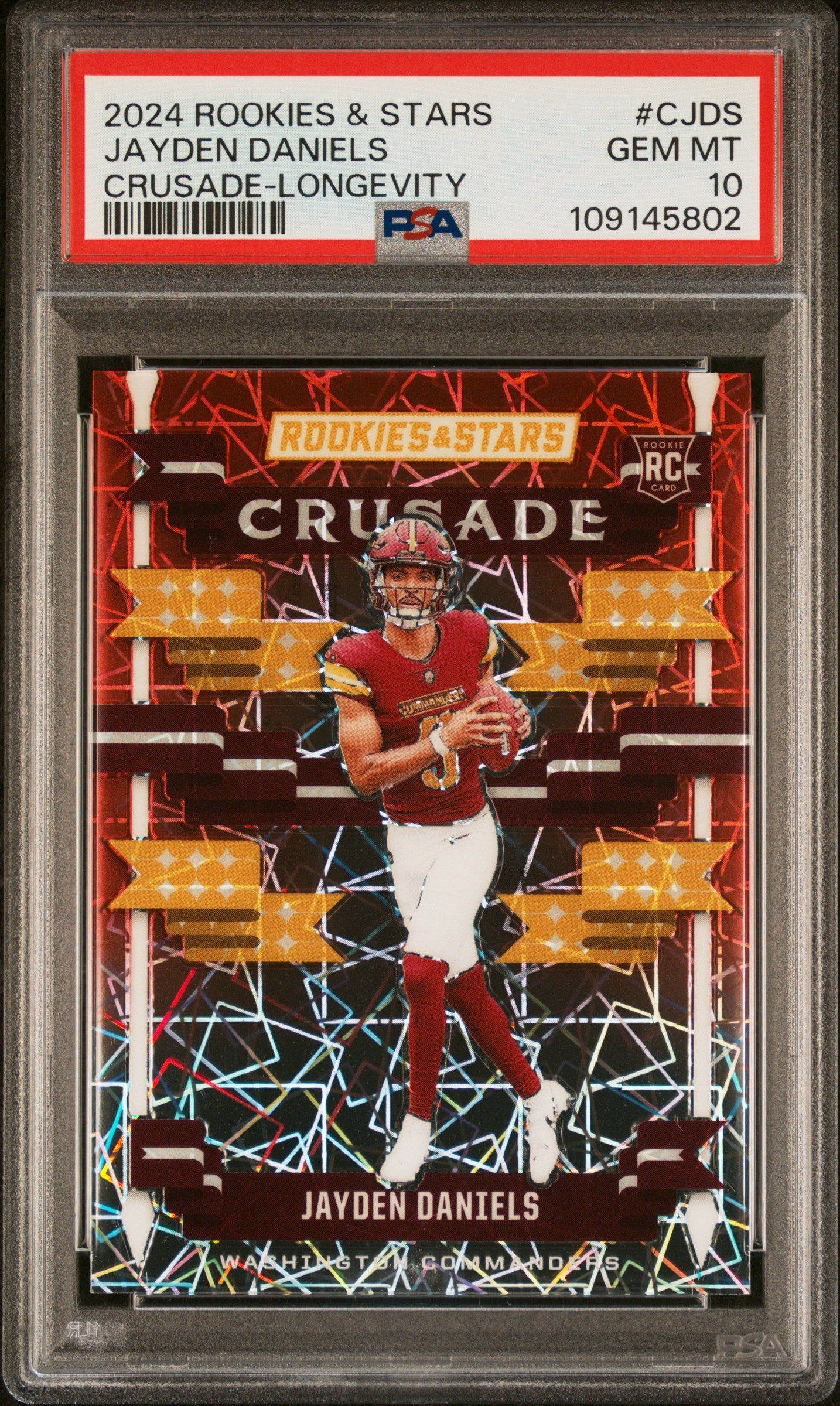Graded 2024 Panini Rookies & Stars Jayden Daniels #CJDS Crusade Longevity Rookie RC Football Card PSA 10 Gem Mint