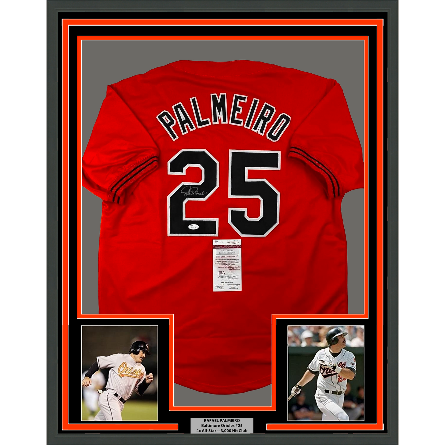 Framed Autographed/Signed Rafael Palmeiro 35x39 Baltimore Orange Baseball Jersey JSA COA