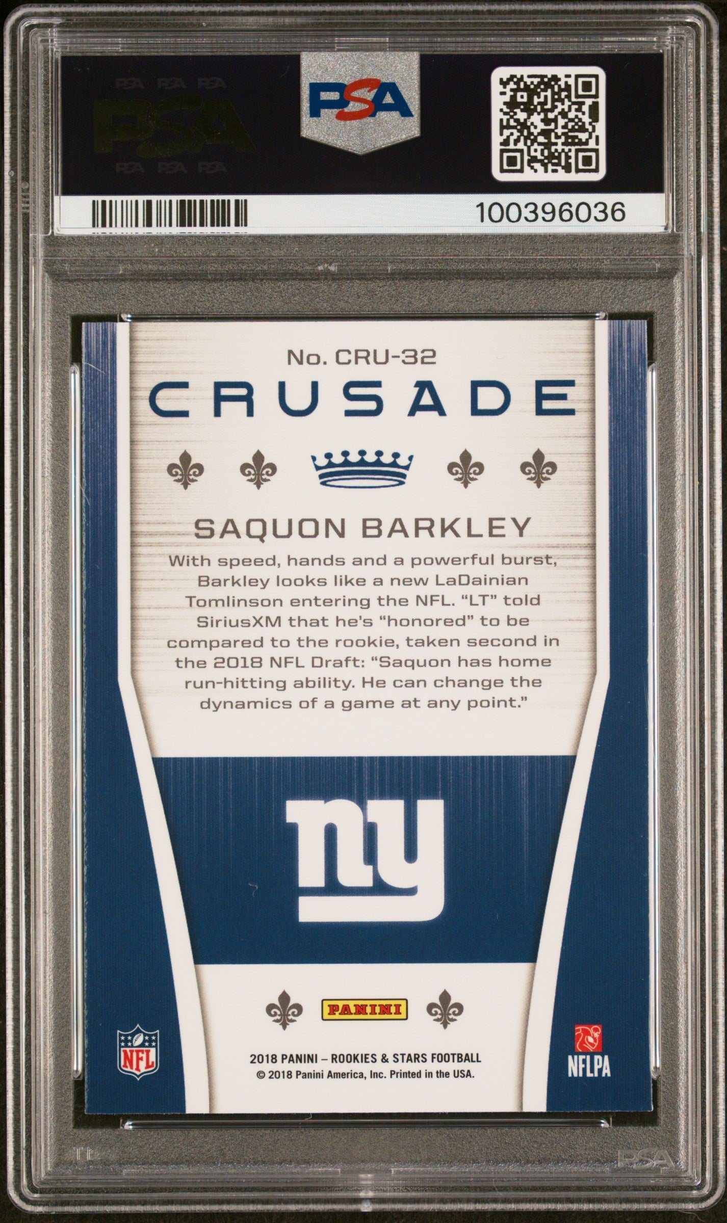 Graded 2018 Panini Rookies & Stars Saquon Barkley #CRU32 Crusade Rookie RC Football Card PSA 10 Gem Mint