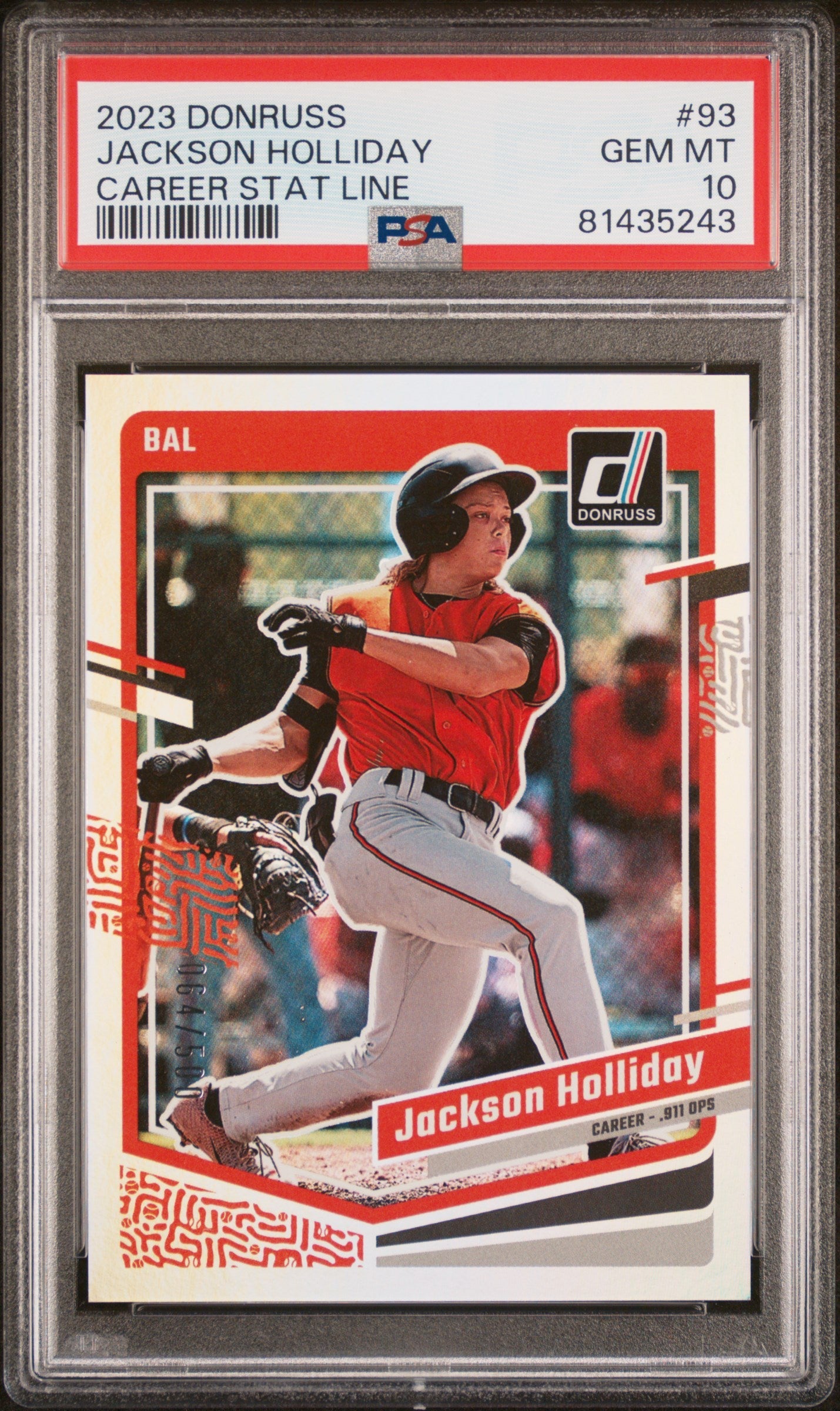 Graded 2023 Panini Donruss Jackson Holliday #93 Career Stat Line Rookie RC Baseball Card PSA 10 Gem Mint