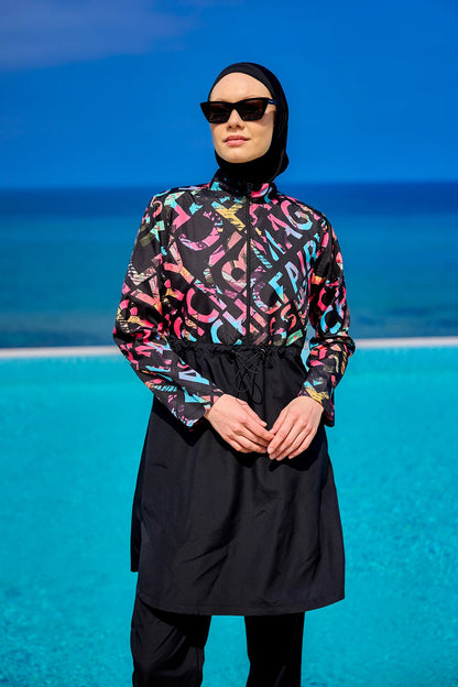 Black Full Coverage Swimsuit Set for Women R2507
