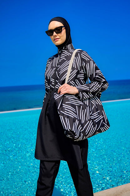 Black Full Coverage Modest Swimwear Set for Women R2509