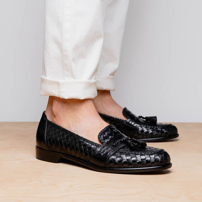 15-250-BLK RIVIERA Basketweave Calfskin Tassel Loafer, Black