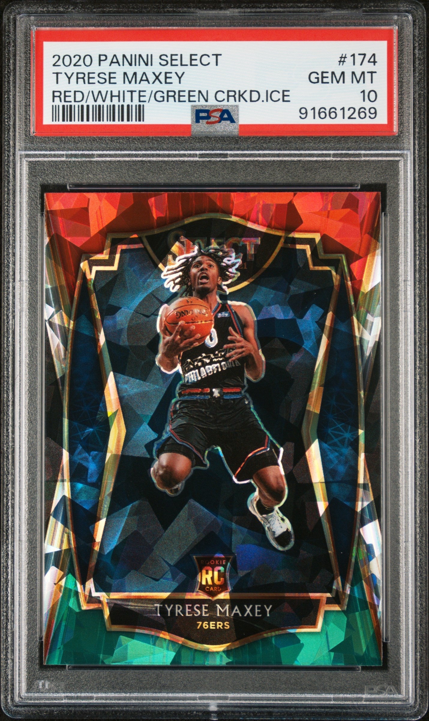 Graded 2020 Panini Select Tyrese Maxey #174 Red/White/Green Cracked Ice Rookie RC Basketball Card PSA 10 Gem Mint