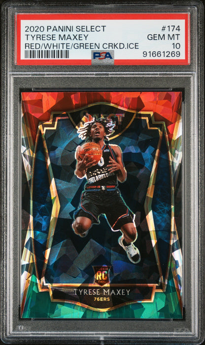 Graded 2020 Panini Select Tyrese Maxey #174 Red/White/Green Cracked Ice Rookie RC Basketball Card PSA 10 Gem Mint