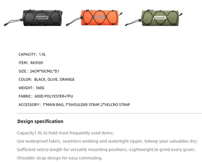 Rhinowalk Waterproof Handlebar Bag RK9109-1.9L, Front Bag Storage Bag with Shoulder Strap