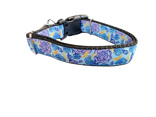 Pink and Blue Roses Nylon Dog Collar