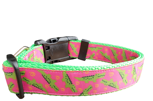 Pink Alligator Neon Green Nylon Dog Collar MD, LG, XL, Leash
