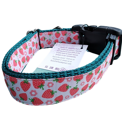 Strawberry Flowers Green Nylon Dog Collar MD, LG, XL, Leash
