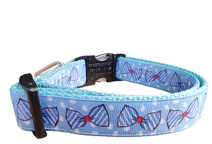 Blue Bow Ties Light Blue Nylon Dog Collar MD, LG, XL, Leash, Martingale