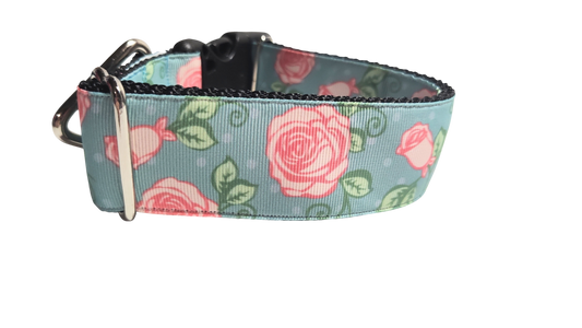 1.5" Wide Roses on Blue Nylon Dog Collar
