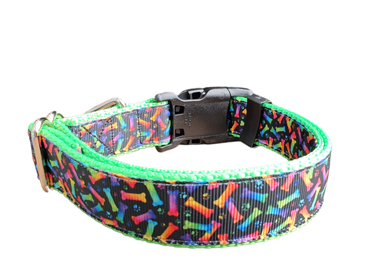 Neon Bones Green Nylon Dog Collar MD, LG, XL, Leash