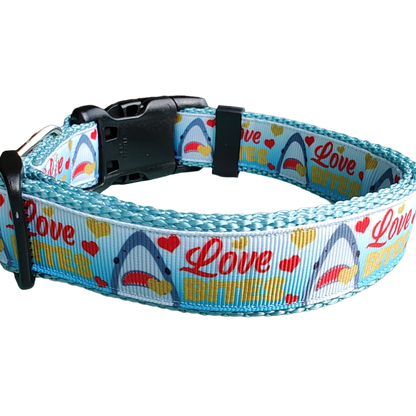 Love Bite Sharks Lt Blue Nylon Dog Collar MD, LG, XL, Leash