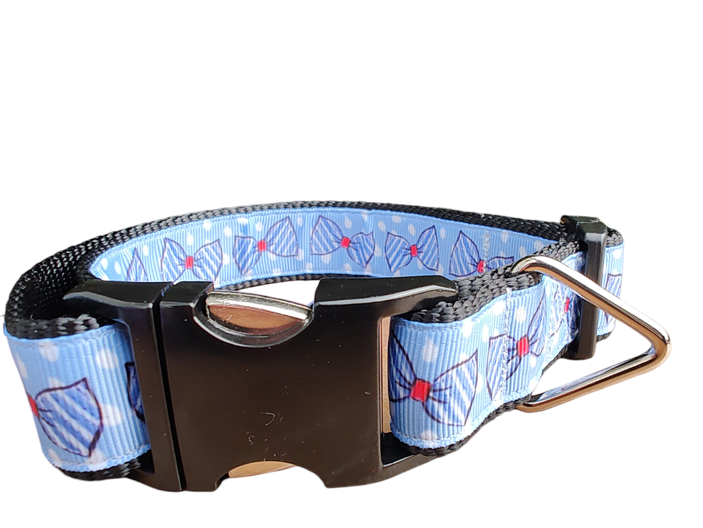 Blue Bow Ties Black Nylon Dog Collar MD, LG, XL, Leash