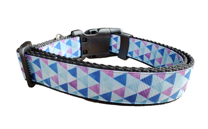 Purple Triangles Black Nylon Dog Collar MD, LG, XL, Leash